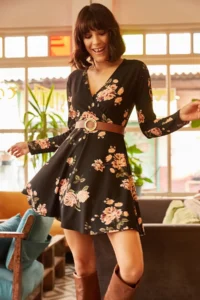 Olalook Women's Black Big Floral Double Breasted Dress - Image 4