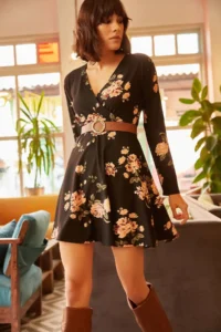 Olalook Women's Black Big Floral Double Breasted Dress - Image 5