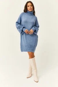 Olalook Women's Baby Blue Turtleneck Balloon Sleeve Loose Knitwear Dress - Image 2