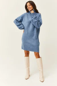 Olalook Women's Baby Blue Turtleneck Balloon Sleeve Loose Knitwear Dress - Image 3