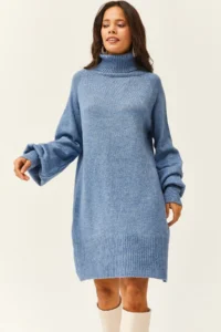 Olalook Women's Baby Blue Turtleneck Balloon Sleeve Loose Knitwear Dress - Image 4