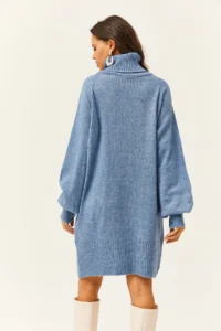Olalook Women's Baby Blue Turtleneck Balloon Sleeve Loose Knitwear Dress - Image 5