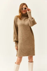 Olalook Women's Mink Turtleneck Balloon Sleeve Loose Knitwear Dress - Image 4
