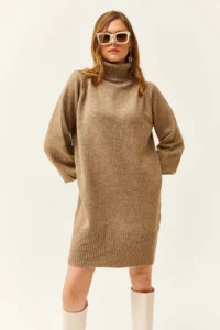 Olalook Women's Mink Turtleneck Balloon Sleeve Loose Knitwear Dress - Image 5
