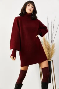 Olalook Women's Burgundy Turtleneck Balloon Sleeve Loose Knitwear Dress