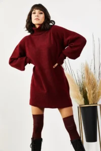 Olalook Women's Burgundy Turtleneck Balloon Sleeve Loose Knitwear Dress - Image 2