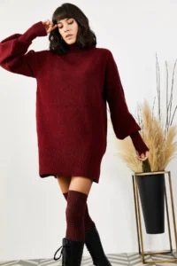 Olalook Women's Burgundy Turtleneck Balloon Sleeve Loose Knitwear Dress - Image 3