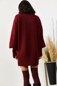 Olalook Women's Burgundy Turtleneck Balloon Sleeve Loose Knitwear Dress - Image 4