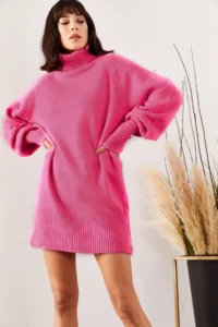 Olalook Women's Fuchsia Turtleneck Balloon Sleeve Loose Knitwear Dress - Image 2