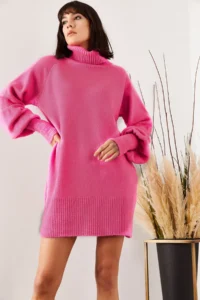 Olalook Women's Fuchsia Turtleneck Balloon Sleeve Loose Knitwear Dress - Image 3