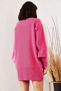 Olalook Women's Fuchsia Turtleneck Balloon Sleeve Loose Knitwear Dress - Image 4