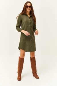 Olalook Women Khaki Bowl Shirt Dress - Image 2
