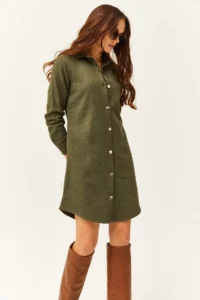 Olalook Women Khaki Bowl Shirt Dress - Image 3