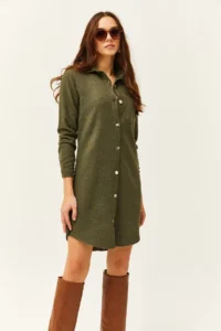 Olalook Women Khaki Bowl Shirt Dress - Image 4