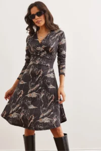 Olalook Women's Black Leopard Floral Double Breasted Knitted Dress