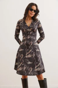 Olalook Women's Black Leopard Floral Double Breasted Knitted Dress - Image 2