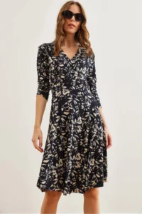 Olalook Women's Leaf Navy Blue Floral Double Breasted Knitted Dress