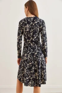 Olalook Women's Leaf Navy Blue Floral Double Breasted Knitted Dress - Image 2