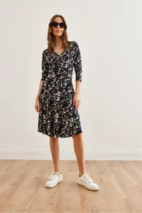 Olalook Women's Leaf Navy Blue Floral Double Breasted Knitted Dress - Image 3