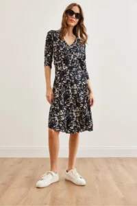 Olalook Women's Leaf Navy Blue Floral Double Breasted Knitted Dress - Image 4