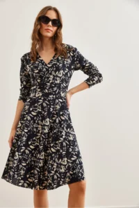 Olalook Women's Leaf Navy Blue Floral Double Breasted Knitted Dress - Image 5