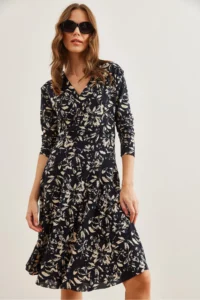 Olalook Women's Leaf Navy Blue Floral Double Breasted Knitted Dress - Image 6