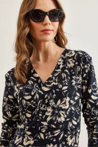 Olalook Women's Leaf Navy Blue Floral Double Breasted Knitted Dress - Image 7