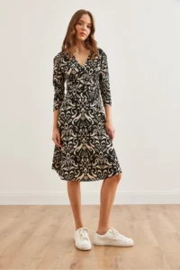 Olalook Women's Shawl Black Floral Double Breasted Knitted Dress - Image 3