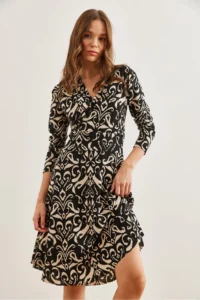 Olalook Women's Shawl Black Floral Double Breasted Knitted Dress - Image 5