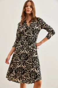 Olalook Women's Shawl Black Floral Double Breasted Knitted Dress - Image 6