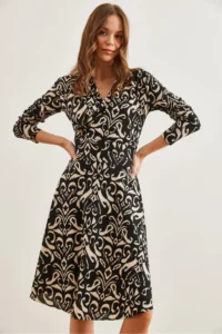 Olalook Women's Shawl Black Floral Double Breasted Knitted Dress - Image 7
