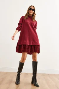 Olalook Women's Burgundy Red Garnished Thessaloniki Dress - Image 6