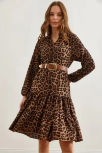 Olalook Women's Brown Leopard V-neck Flounce Dress