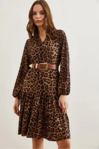 Olalook Women's Brown Leopard V-neck Flounce Dress - Image 3