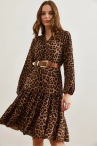 Olalook Women's Brown Leopard V-neck Flounce Dress - Image 4