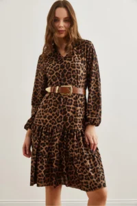 Olalook Women's Brown Leopard V-neck Flounce Dress - Image 6