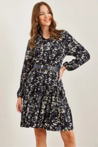 Olalook Women's Leaf Navy Blue V-neck Flounce Dress - Image 4