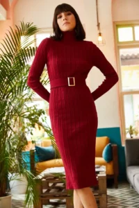 Olalook Women's Burgundy Belted Thick Ribbed Knitwear Dress