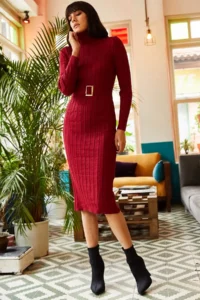 Olalook Women's Burgundy Belted Thick Ribbed Knitwear Dress - Image 2