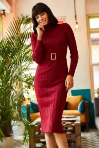 Olalook Women's Burgundy Belted Thick Ribbed Knitwear Dress - Image 3