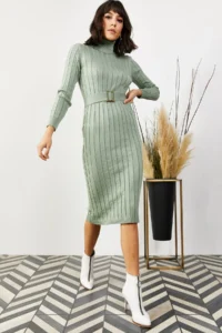 Olalook Women's Aqua Green Belted Thick Ribbed Knitwear Dress - Image 2