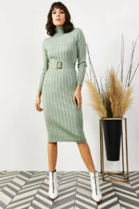 Olalook Women's Aqua Green Belted Thick Ribbed Knitwear Dress - Image 3