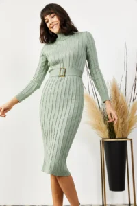 Olalook Women's Aqua Green Belted Thick Ribbed Knitwear Dress - Image 4