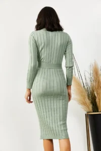 Olalook Women's Aqua Green Belted Thick Ribbed Knitwear Dress - Image 5