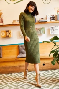 Olalook Women's Khaki Belted Thick Ribbed Knitwear Dress