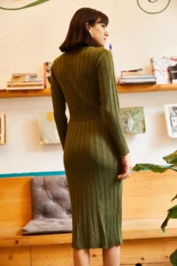 Olalook Women's Khaki Belted Thick Ribbed Knitwear Dress - Image 2