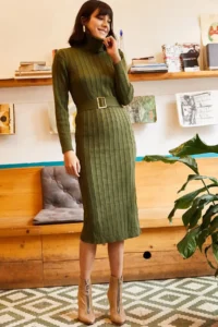 Olalook Women's Khaki Belted Thick Ribbed Knitwear Dress - Image 3