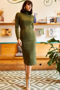Olalook Women's Khaki Belted Thick Ribbed Knitwear Dress - Image 4