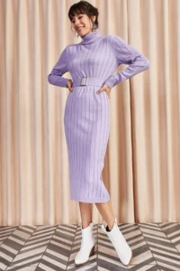 Olalook Women's Lilac Belted Thick Ribbed Knitwear Dress - Image 2