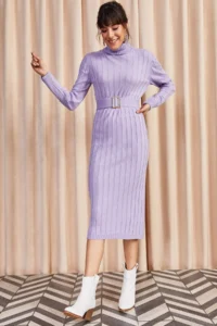 Olalook Women's Lilac Belted Thick Ribbed Knitwear Dress - Image 3